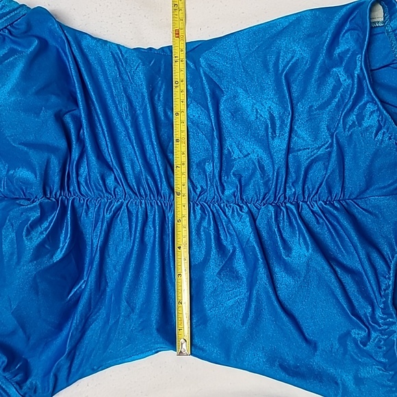 1980s Maxine of Hollywood Turquoise Blue One Piece Ruched Swimsuit Sz 14 - Picture 11 of 13